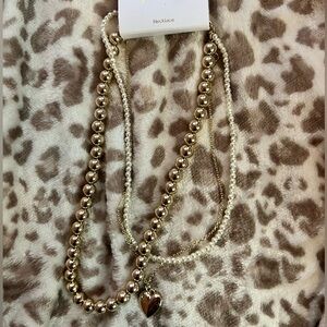 ✨ J.Crew Layered Pearl & Gold Bead Necklace – NWT – Heart Charm ✨